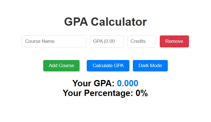 Screenshot of GPA Calculator Web App